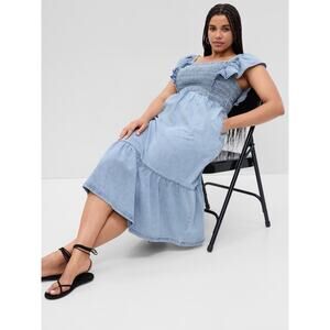 Gap Womens Dress M Prairie Ruffle Smocked Midi Boho Pocket Chambray Cottagecore